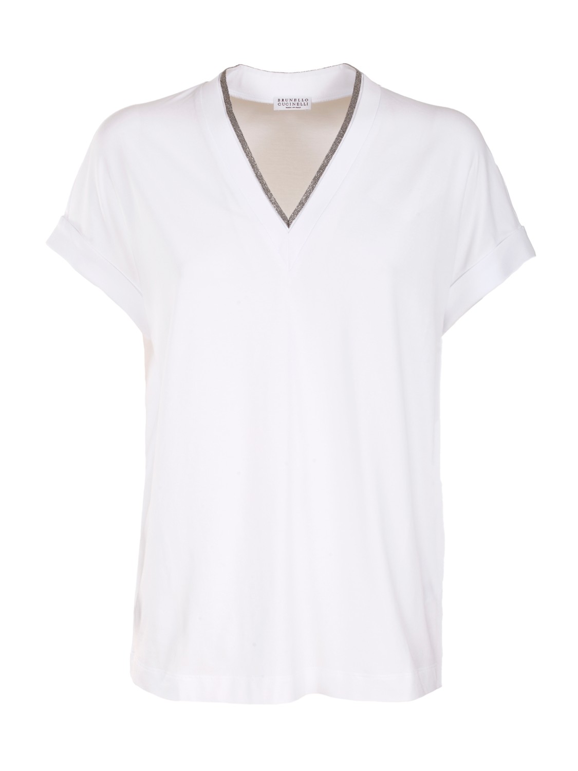 shop BRUNELLO CUCINELLI Saldi T-shirt: Brunello Cucinelli t-shirt in cotone elasticizzato.
Scollo a V con profilo in monile.
Maniche corte.
Regular fit.
Composizione: 93% cotone 7% elastan. 
Fabbricato in Italia.. M0T18BD222-C159 number 9934042